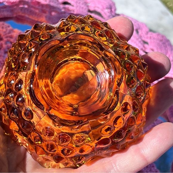 Vintage Fenton Amber Glass Hobnail Fairy Lamp Candle Holder, 2 pc, approx 4.75" - Picture 6 of 14